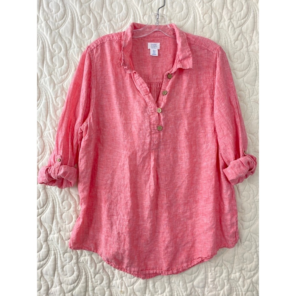 Sigrid Olsen Linen Tunic Top Pink Womens 1X Roll Tab Sleeve Half Button Front